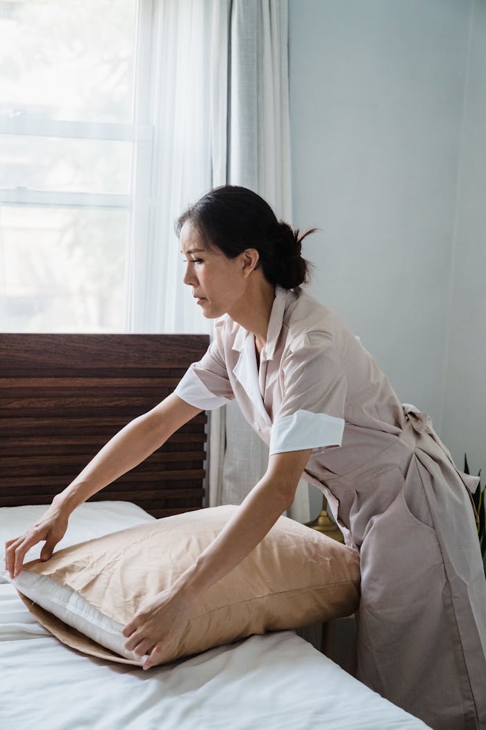 Woman in Brown and White Dress Holding Brown Pillow